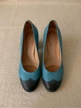 Teal Colour Block Cap-Toe Pumps